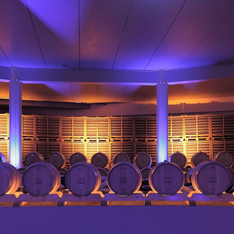 Photo de notre chai semi-enterré. Nombreuses barriques